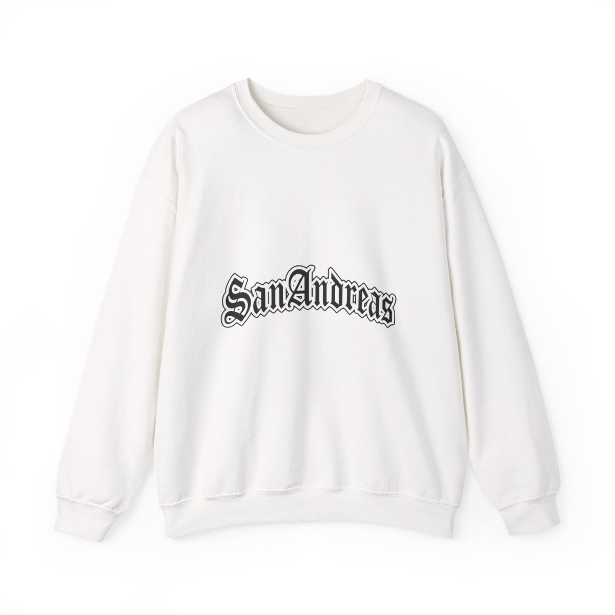 Black Sweatshirts featuring the white text "San Andreas" in a decorative font across the chest. The shirt has short sleeves and a crew neck. A small white tag is visible on the sleeve