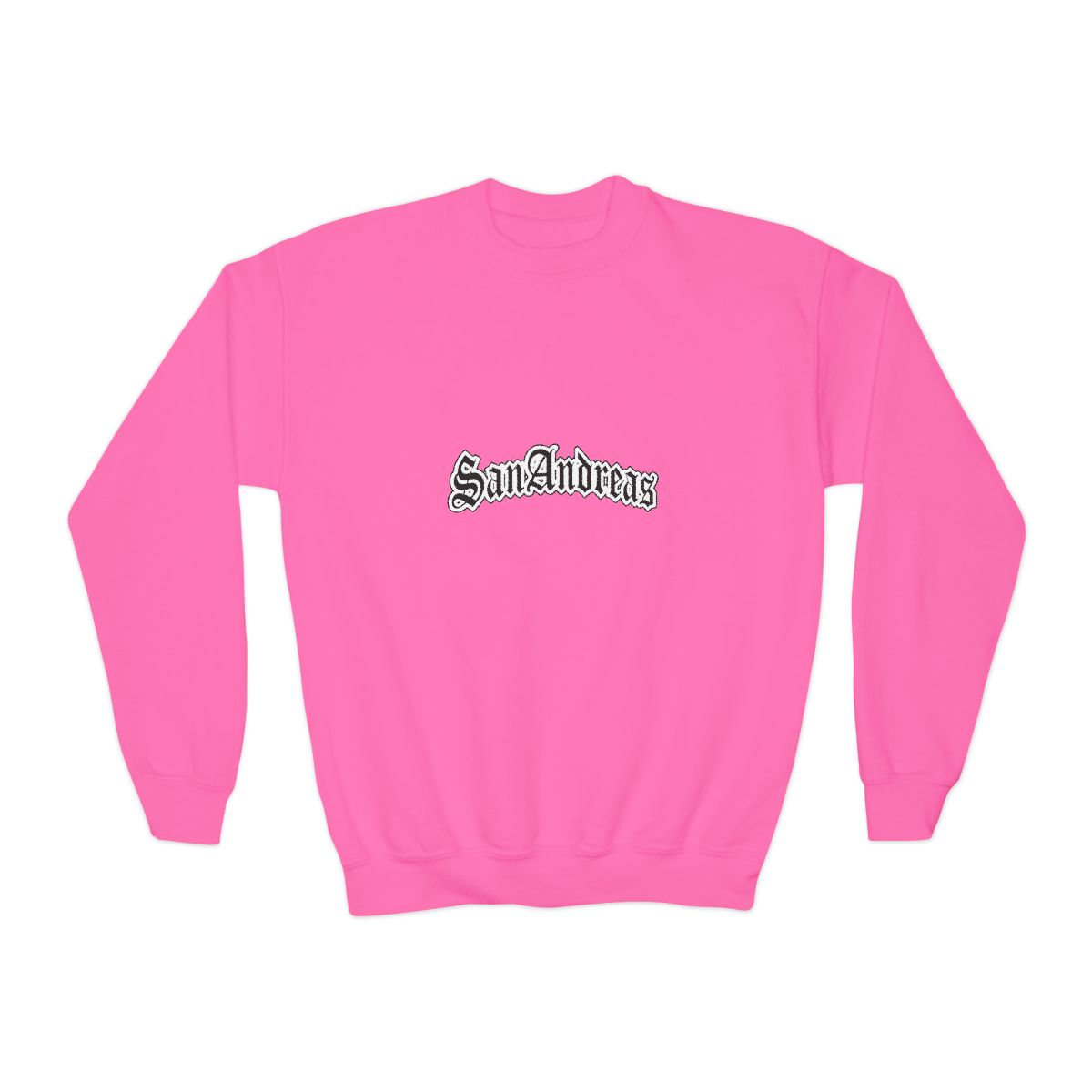 Black Sweatshirts featuring the white text "San Andreas" in a decorative font across the chest. The shirt has short sleeves and a crew neck. A small white tag is visible on the sleeve (Kids) - alternate angle 2, merchandise