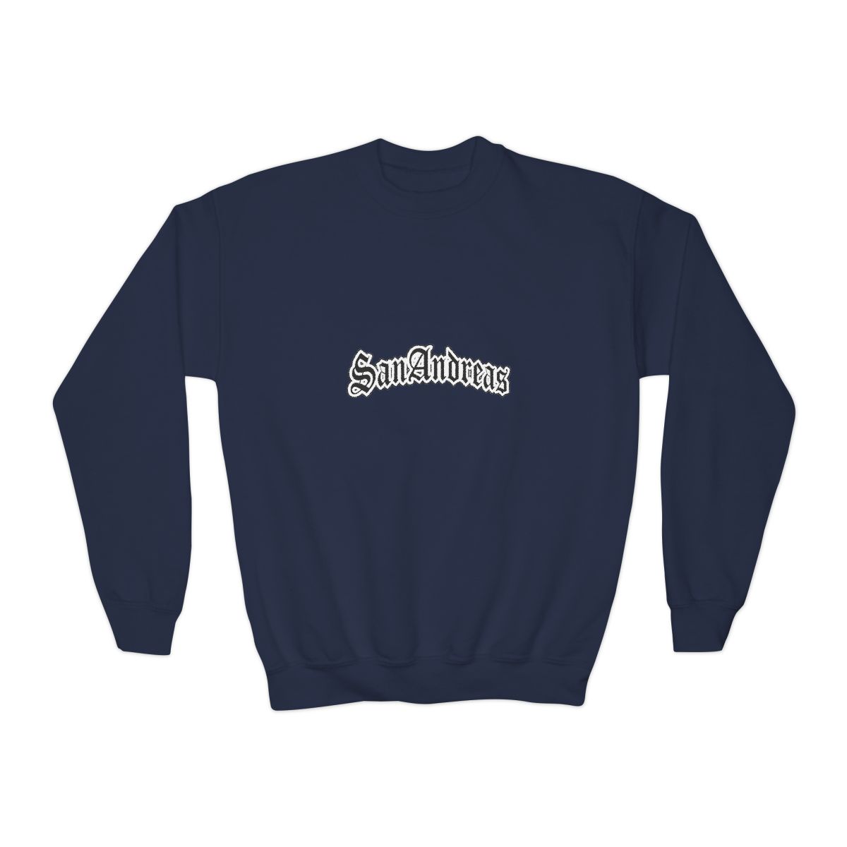 Black Sweatshirts featuring the white text "San Andreas" in a decorative font across the chest. The shirt has short sleeves and a crew neck. A small white tag is visible on the sleeve (Kids) - Official Sweatshirts merchandise